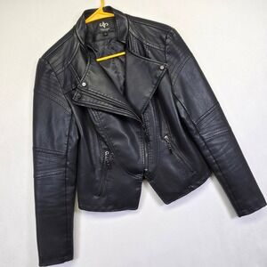 LINGLUOFANG Moto Jacket Womens XS Black Faux Leather Asymmetrical Biker Edgy